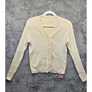 Yesfashion Cream Ribbed Knit Scalloped Edge Cardigan Sweater Small Beige NWT
